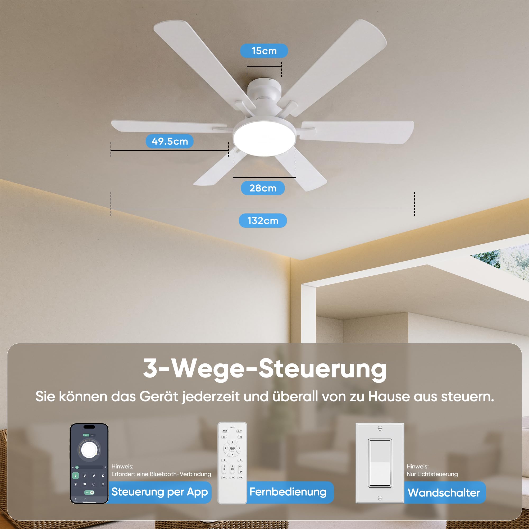 Deckenventilator mit Beleuchtung 132cm 6 Blätter Deckenventilator mit Fernbedienung 6 Gänge Ultraleiser Reversibler Gleichstrommotor 3CCT Dimmbare LED Doppelseitige Flügeln für Schlafzimmer (Weiß)