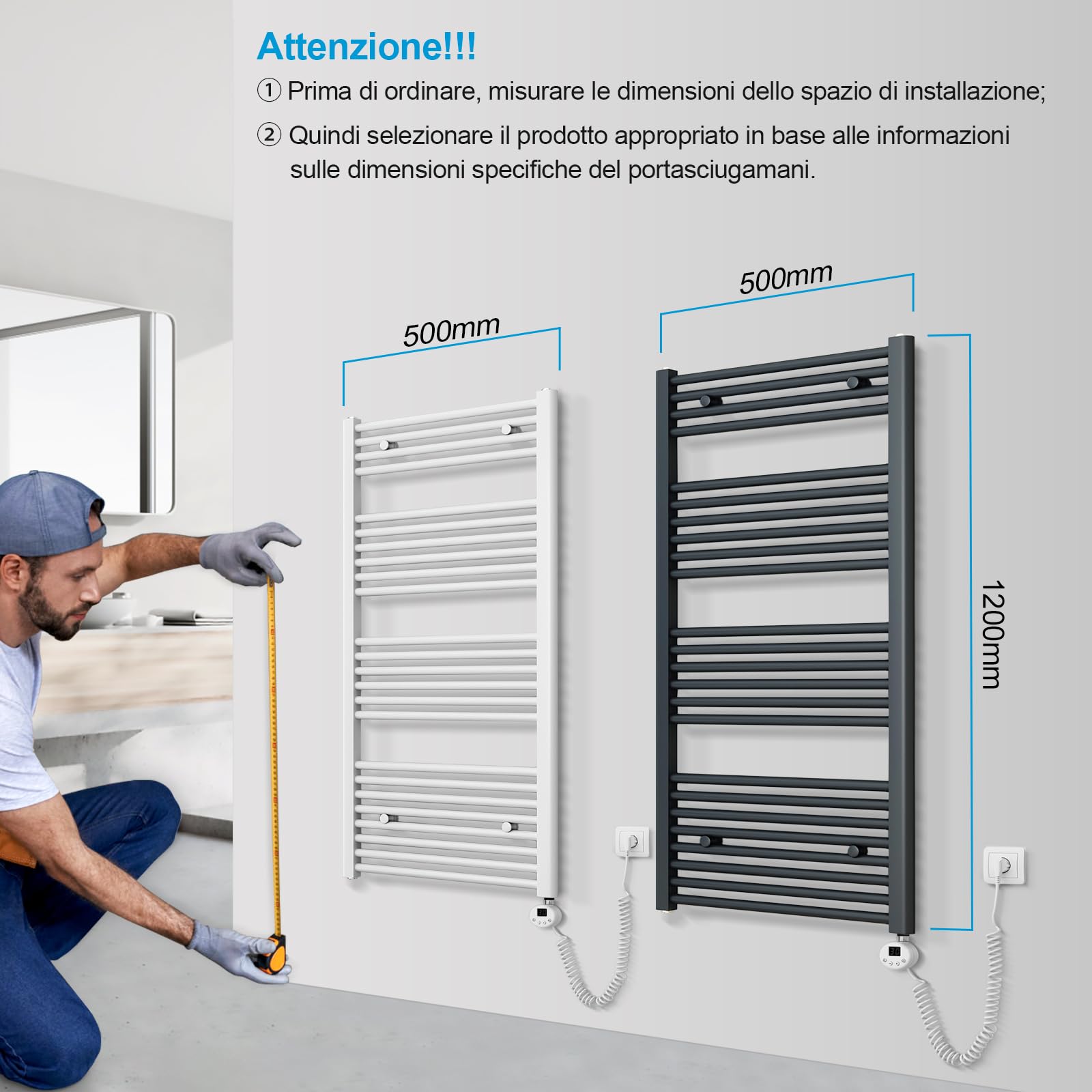 Heilmetz Scaldasalviette Elettrico Bagno 1200x500mm con Termostato Digitale, Temperatura Regolabile Termoarredo Elettrico Bagno Radiatore Elettrico Basso Consumo da Parete Verticale, Bianco