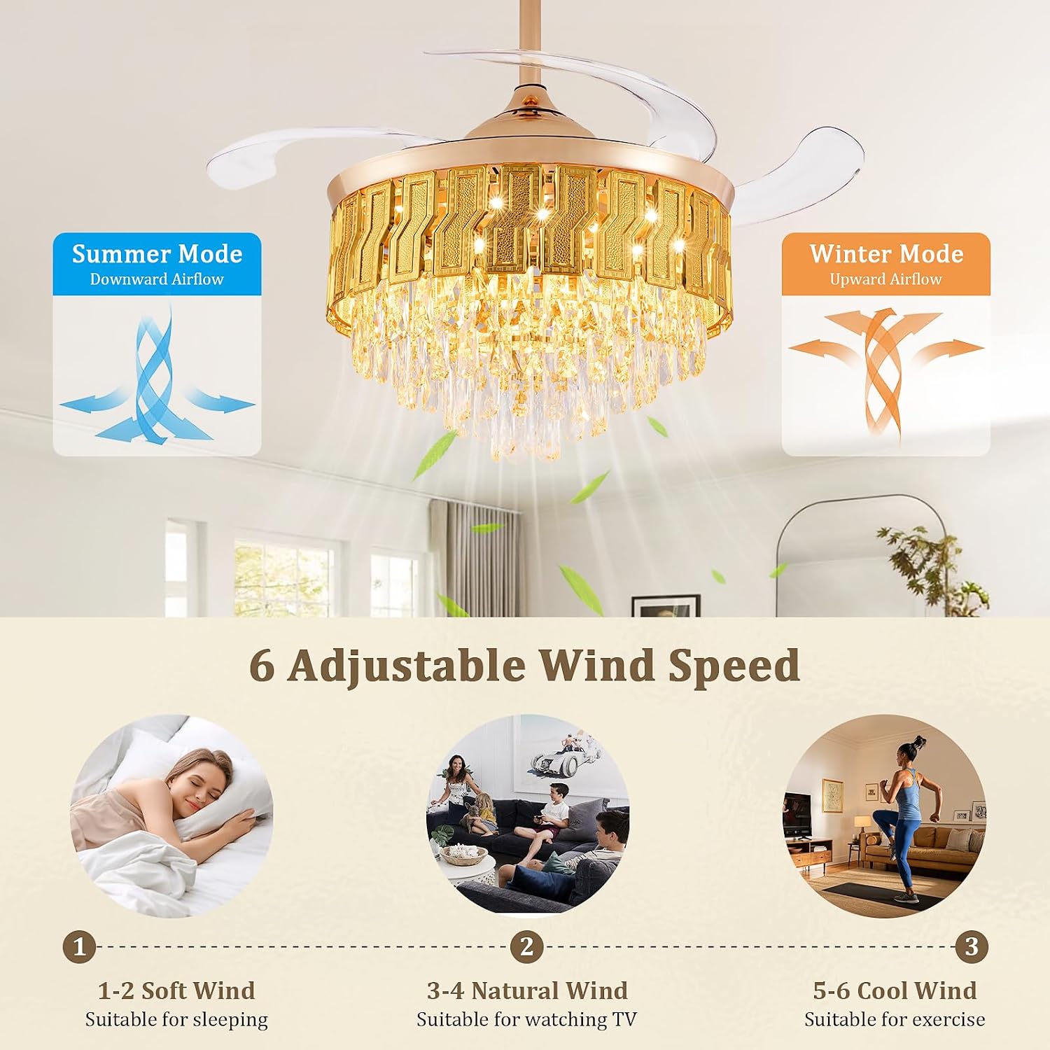 42” Luxury Crystal Ceiling Fan Chandelier with Lights, Easy Installation, Remote&APP Control, Retractable ABS Blades, 3-Color LED, 6-Speed Fandelier –for Living Room & Bedroom, Gold