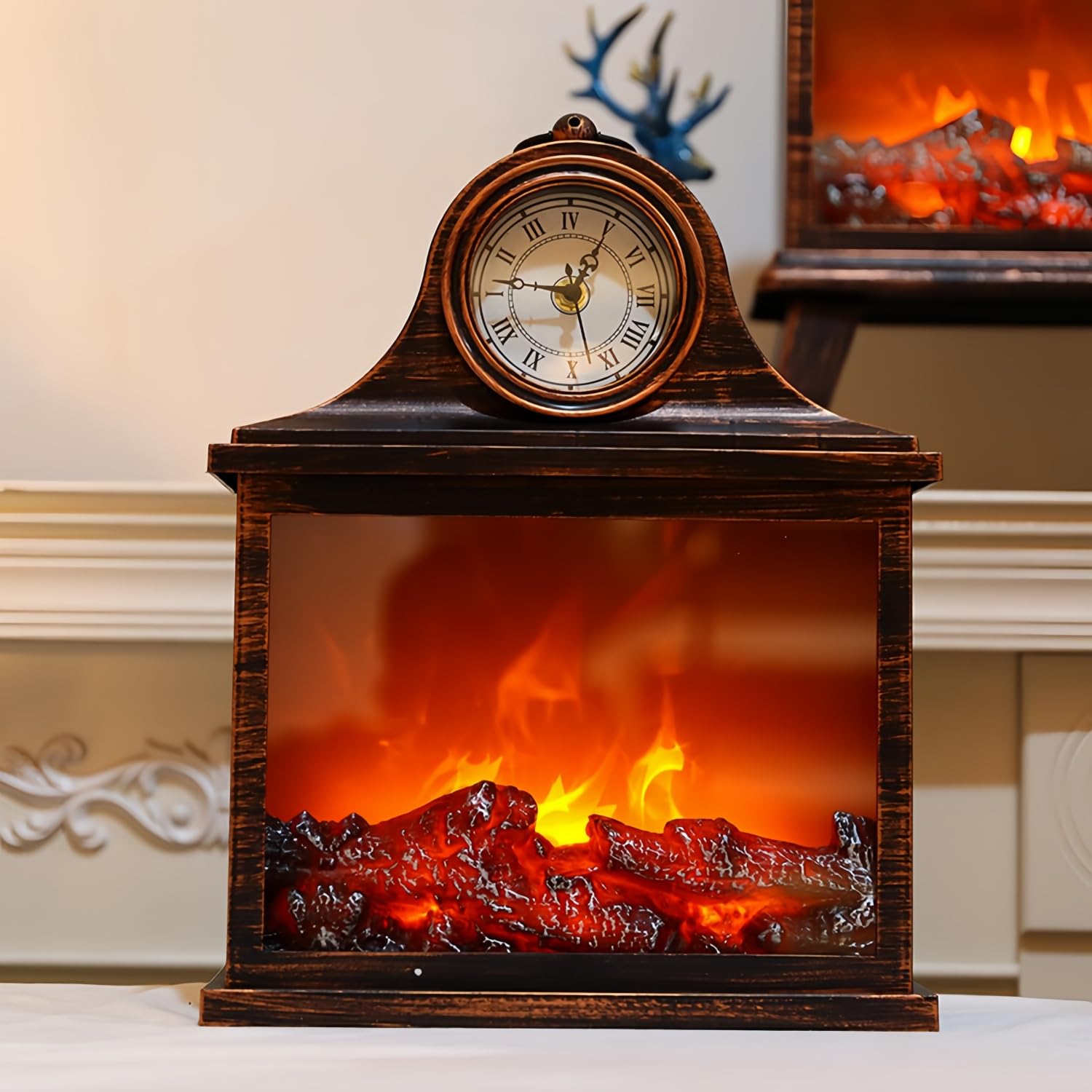 Simulated LED Fireplace Lantern USB & Battery Powered Flameless Light With Emulation Flame Table Decorative Lamp Copper Fireplace Ornament for Cozy Home Decor Free Standing Electric Log Burner