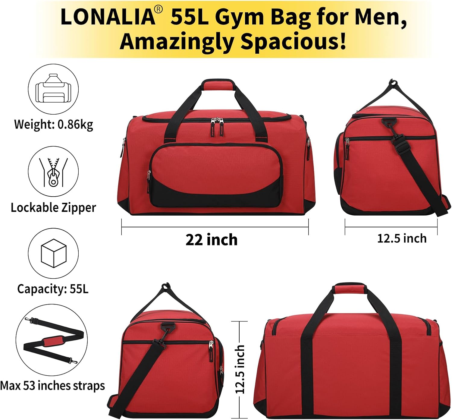 55L Large Gym Duffle Bag for Men - 22 inch Men's Sports Bag Heavy Duty Duffel Bag(Red) - Image 6