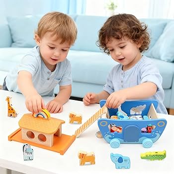 Amazon.com: Tooysea Wooden Noah's Ark Toy with Animal Shape Sorter