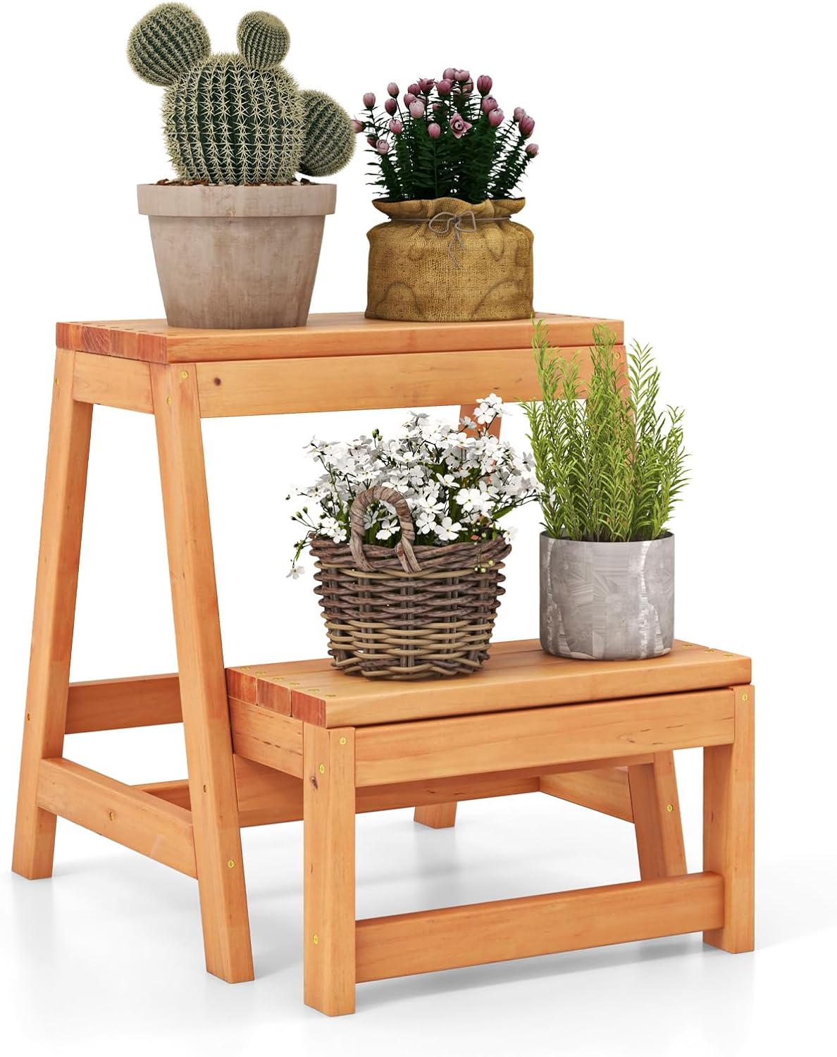 S AFSTAR Folding Plant Stand, 2-Tier Wooden Step Ladder Flowerpot Shelf, Multipurpose 2-Step Ladder Wood Stool Plant Rack, Indoor Outdoor Plant Display Shelf for Garden Balcony Living Room Home