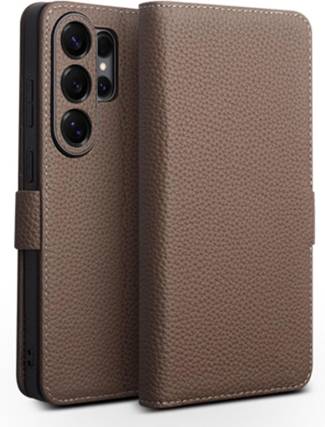 Genuine Leather Cover for Samsung Galaxy S26 Ultra, Litchi Texture Flip Wallet Magnetic Suction Business Style Shell(Brass)