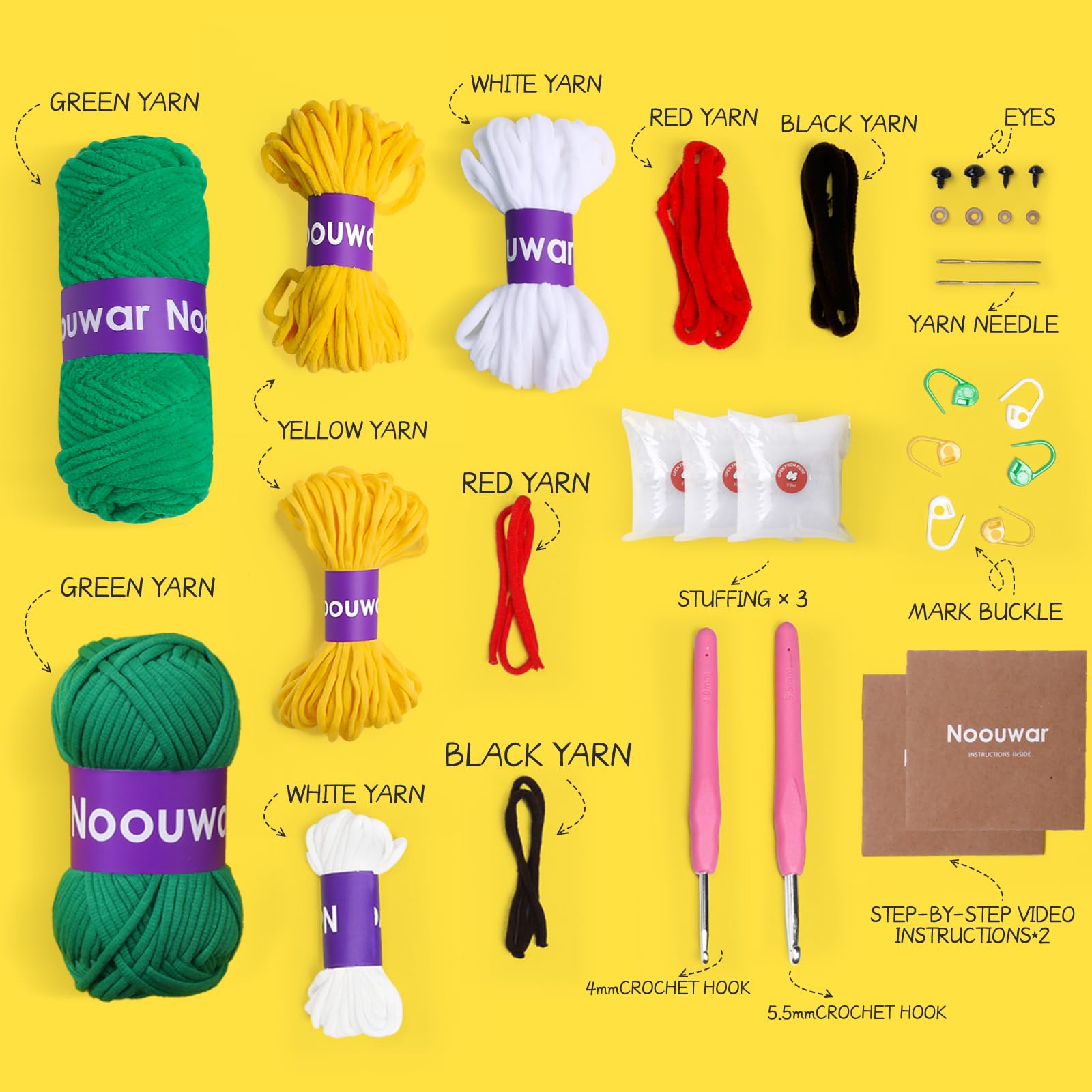 Noouwar Kit de ganchillo de 2 piezas para principiantes con tutoriales en video paso a paso, kit de ganchillo para principiantes para adultos y niños, kit de animales de ganchillo Amigurumi, kit de
