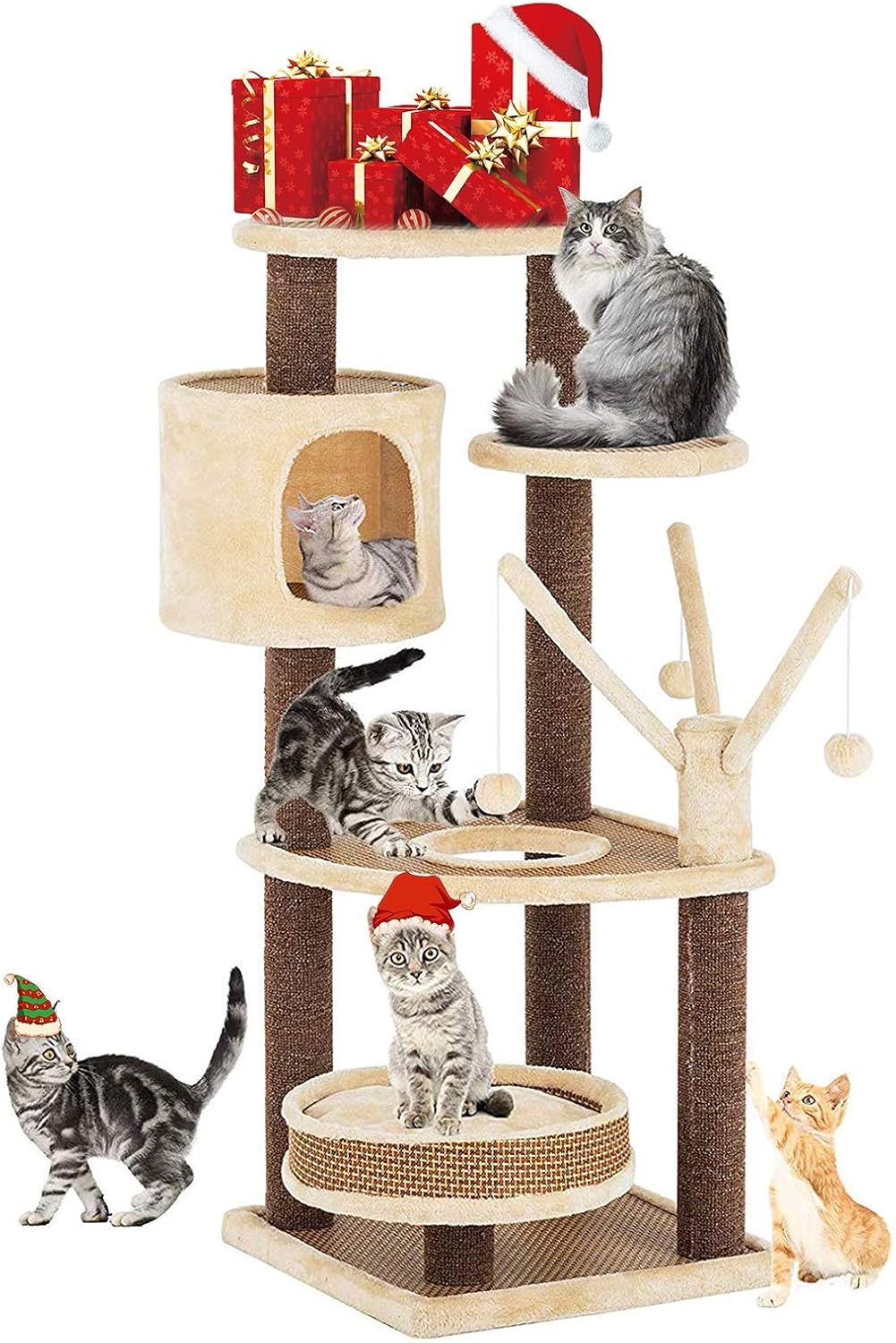SUNCOO Rattan Mat Style Cat Tree, 43 Inch Modern Cat Furniture, Kitten Activity Climbing Tower, Pets House with Removable and Washable…