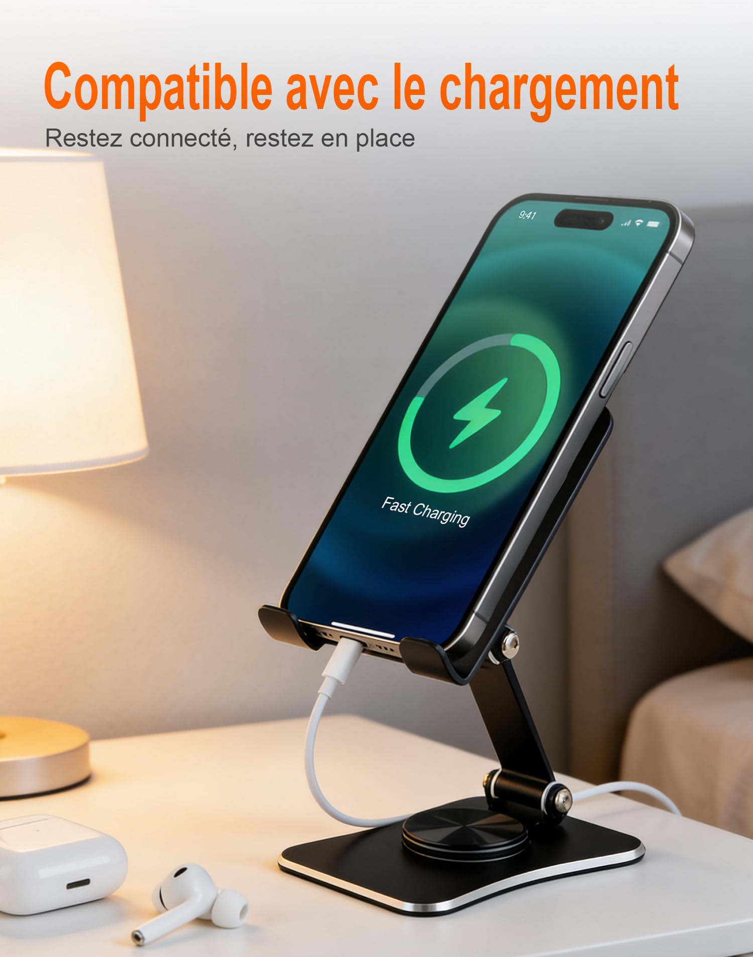 GRIFEMA GB1055 Support Téléphone et Tablette de Bureau Pliable, Rotatif 360°, Ajustable, Alliage d'Aluminium, Compatible 3,5–10,5''