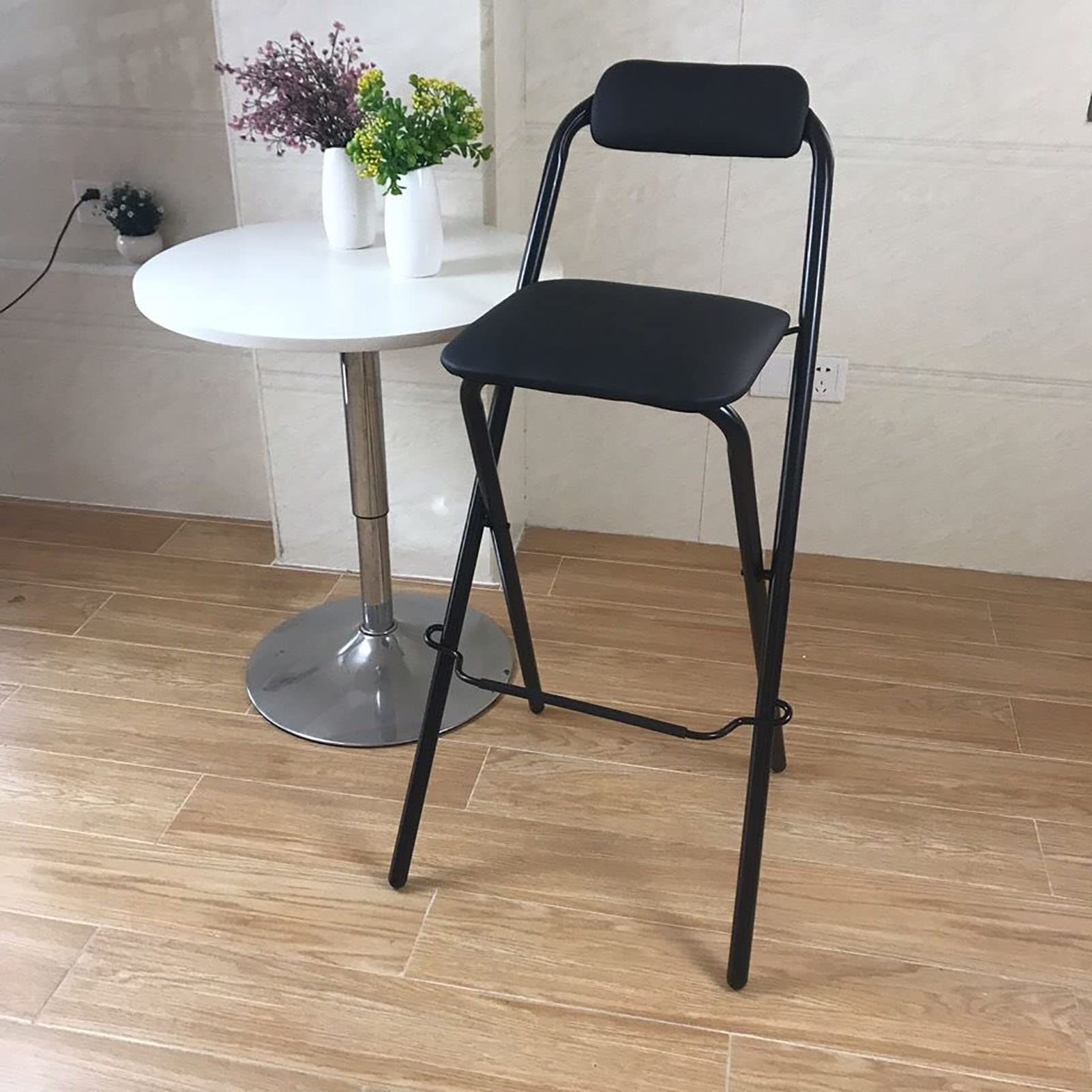 Tabouret de bar pliable blanc 65 cm avec dossier et repose-pieds confortable