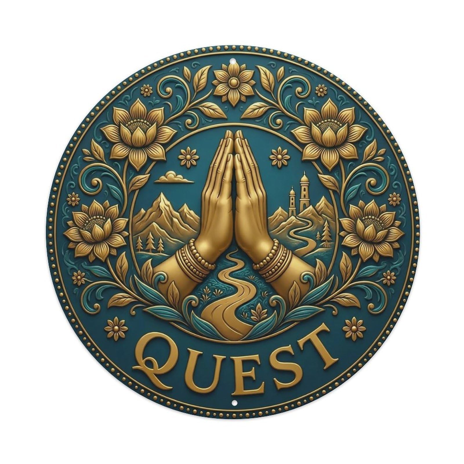 Vintage Namaste Praying Hands Quest Flower Zen Yoga Metal Tin Sign