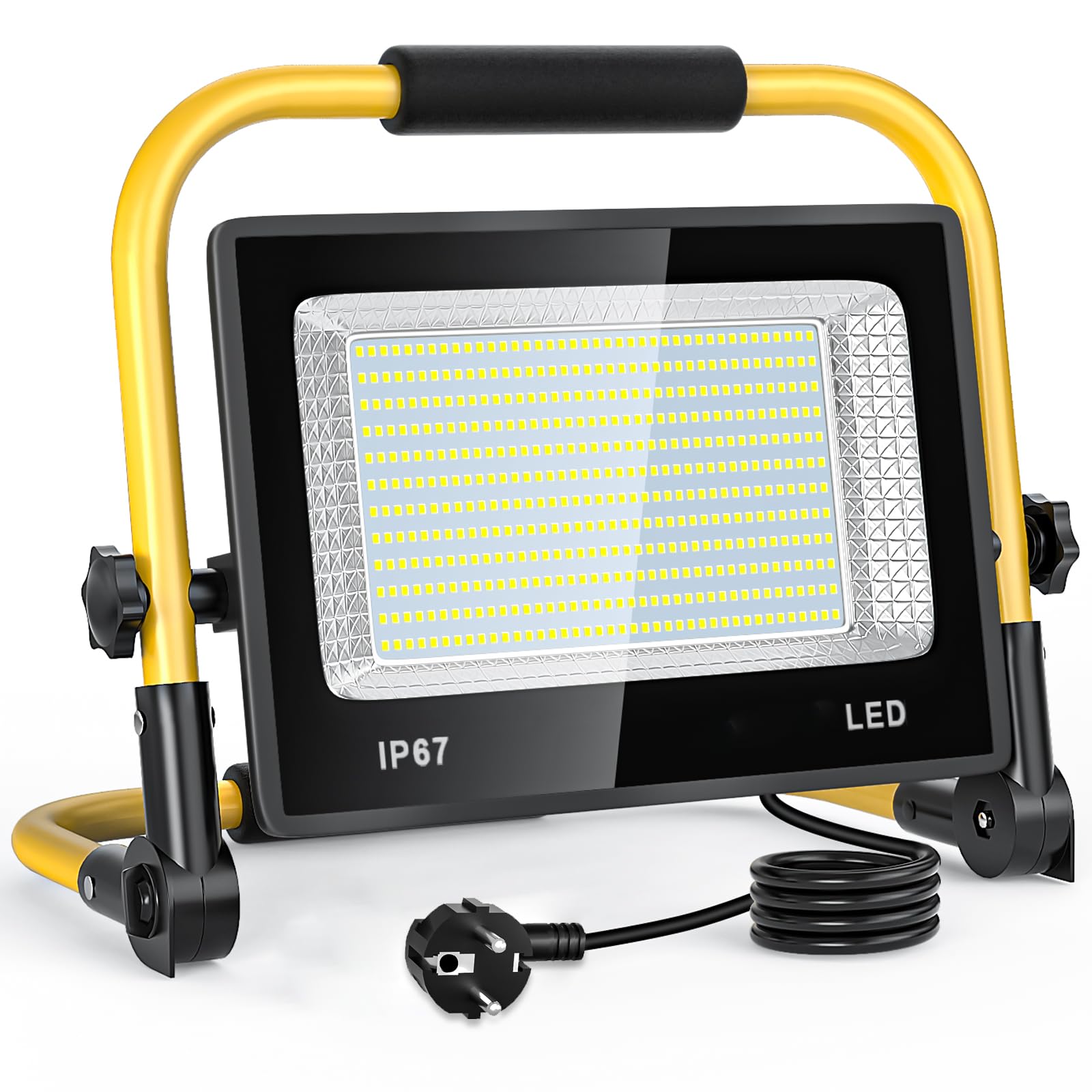 Faretto LED da Cantiere 200W, 20000lm Fari Led da Esterno con Spina, 6500K Lampada da Lavoro IP67 Impermeabile Cavo 2M, con Staffa Pieghevole, Faretto Lavoro per Edilizia,Officina, Garage
