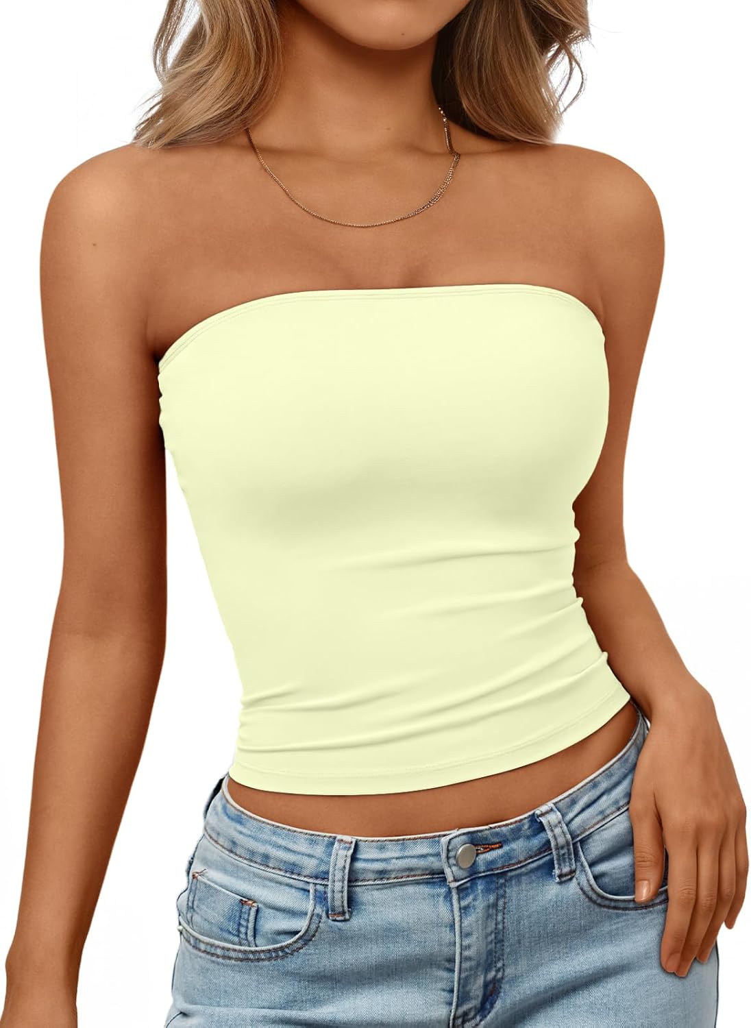 Trendy Queen Womens Strapless Tube Tops Basic Backless Sleeveless Bandeau Going Out Crop Tops Cute 2025 Summer Clothes Light Yellow M