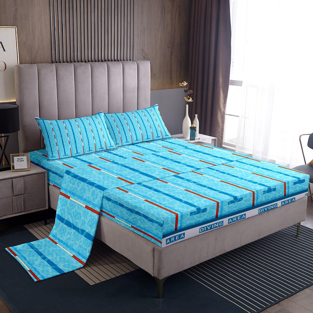 Set di biancheria da letto per bambini, per bambini, per letto singolo, stile moderno, alla moda, per ragazzi e adulti, decorazione per la camera da letto, piscina, chic, blu, 3 pezzi (angoli + piatto