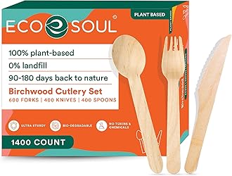 ECO SOUL 100% Compostable Cutlery [1400-Pack] Disposable Wooden Cutlery Set I 100% Natural, Sturdy, Eco-friendly, Utensils Set I Biodegradable (600 Fork,400 Spoon, 400 Knife)