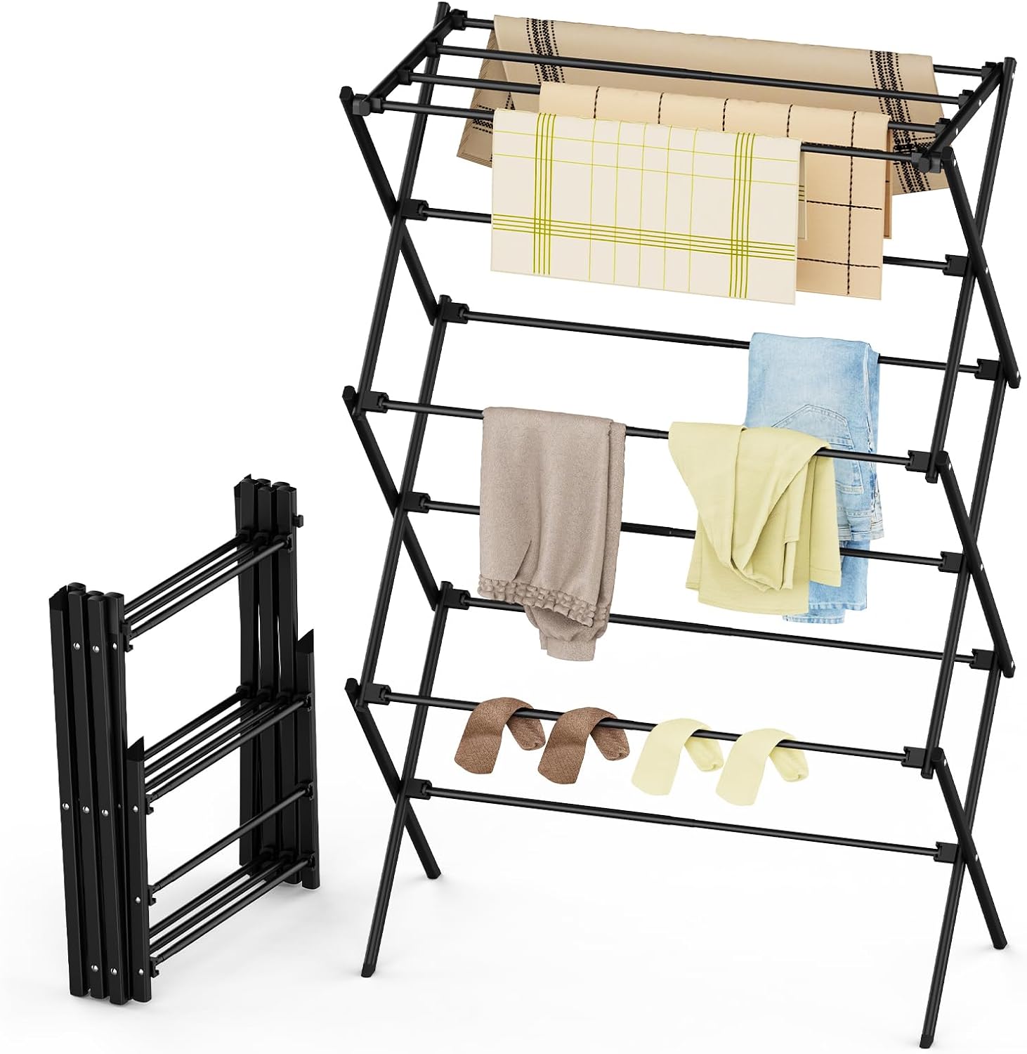 FILROUG 3-Tier Foldable Clothes Drying Rack, Rustproof Laundry Rack for Indoor/Outdoor Use, 30lbs Capacity, Black 11.8"D x 34.6"W x 35.4"H