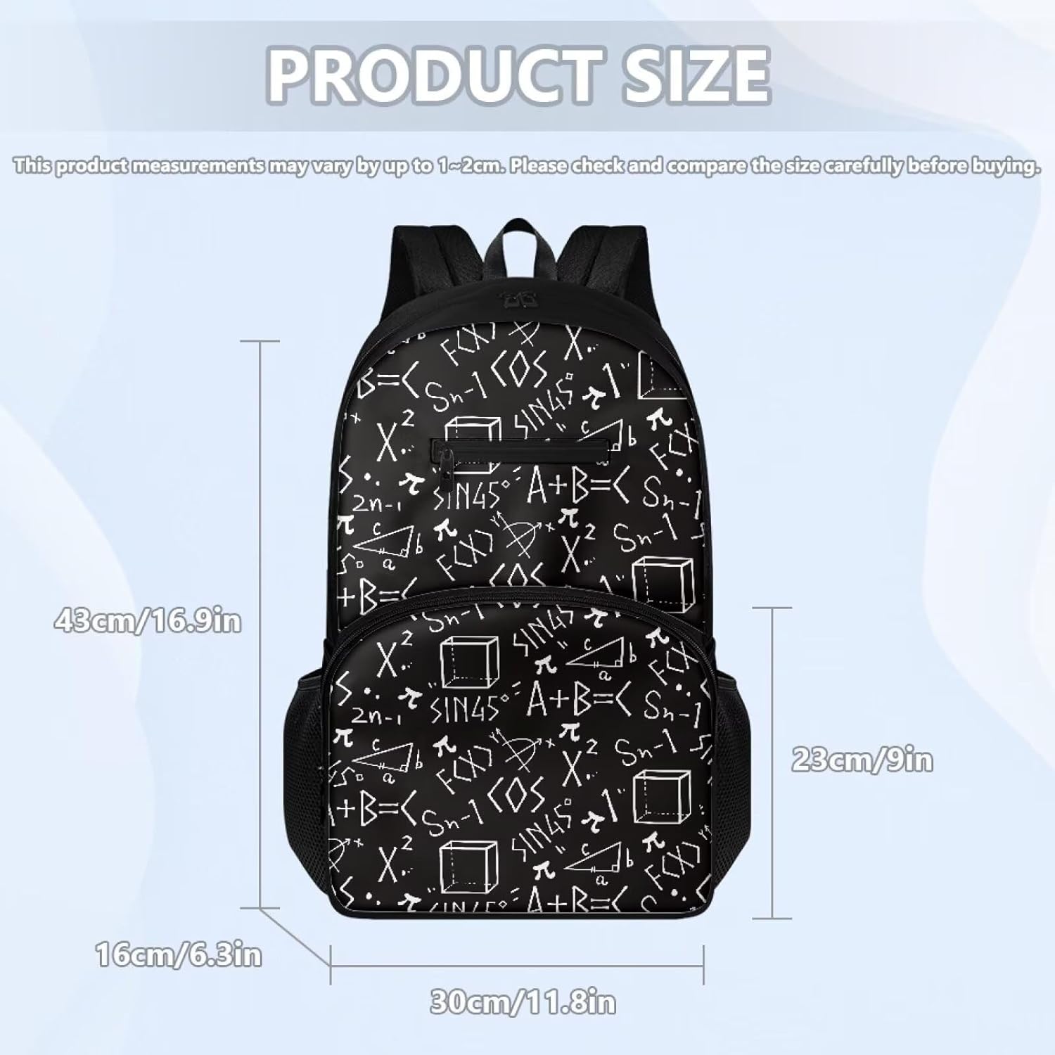 Backpack for Boys Girls, Durable Polyester School Bag, 16.9 In Lightweight Design, Multiple Compartments, Side Mesh Pockets for School Travel & Sports Activities, Creative Math Text Print