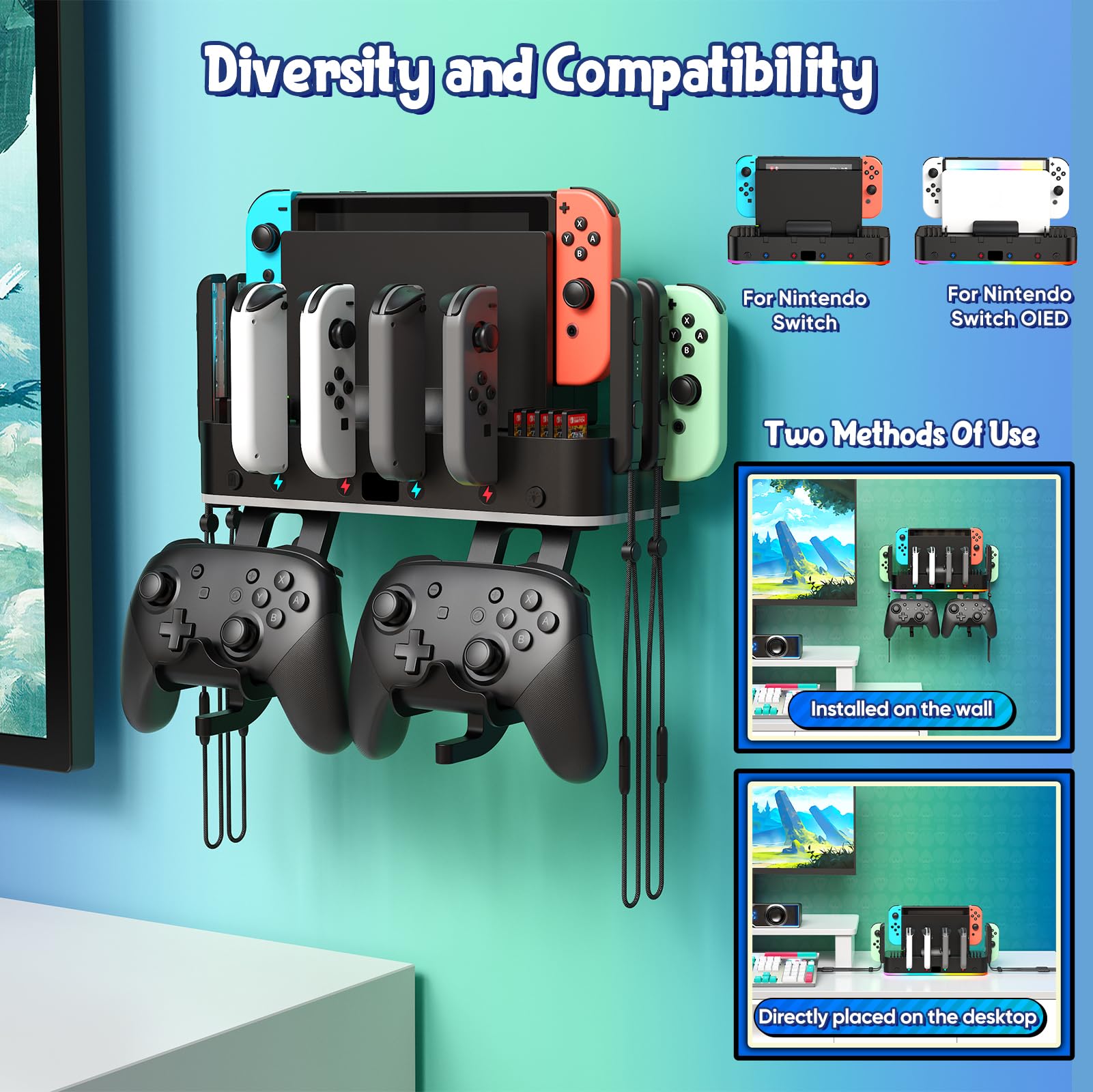 Klipdasse Soporte de pared RGB para cargador Joy-con, organizador de interruptores para Nintendo/OLED con soporte, base de carga para Joycon con 15 modos de luz, 4 cargadores, 2 puertos USB, 10