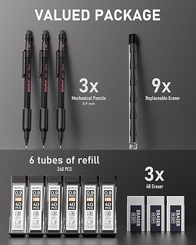 Miniatura 6 de Nicpro Juego de lápices mecánicos de metal de 0.9 con estuche, 3 lápices Hevey Duty MP2000 con 6 tubos de plomo HB de 0.035 in, borradores, barril