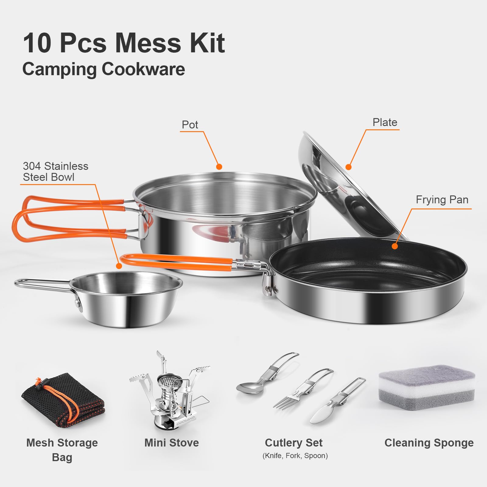 Odoland Camping Kochtopf und Topfset Camping, Edelstahl Camping Antihaft Kochgeschirr Kochsetmit Teller Schüssel Gabeln Messer Löffel für Backpacking, Camping, Wandern und Picknick