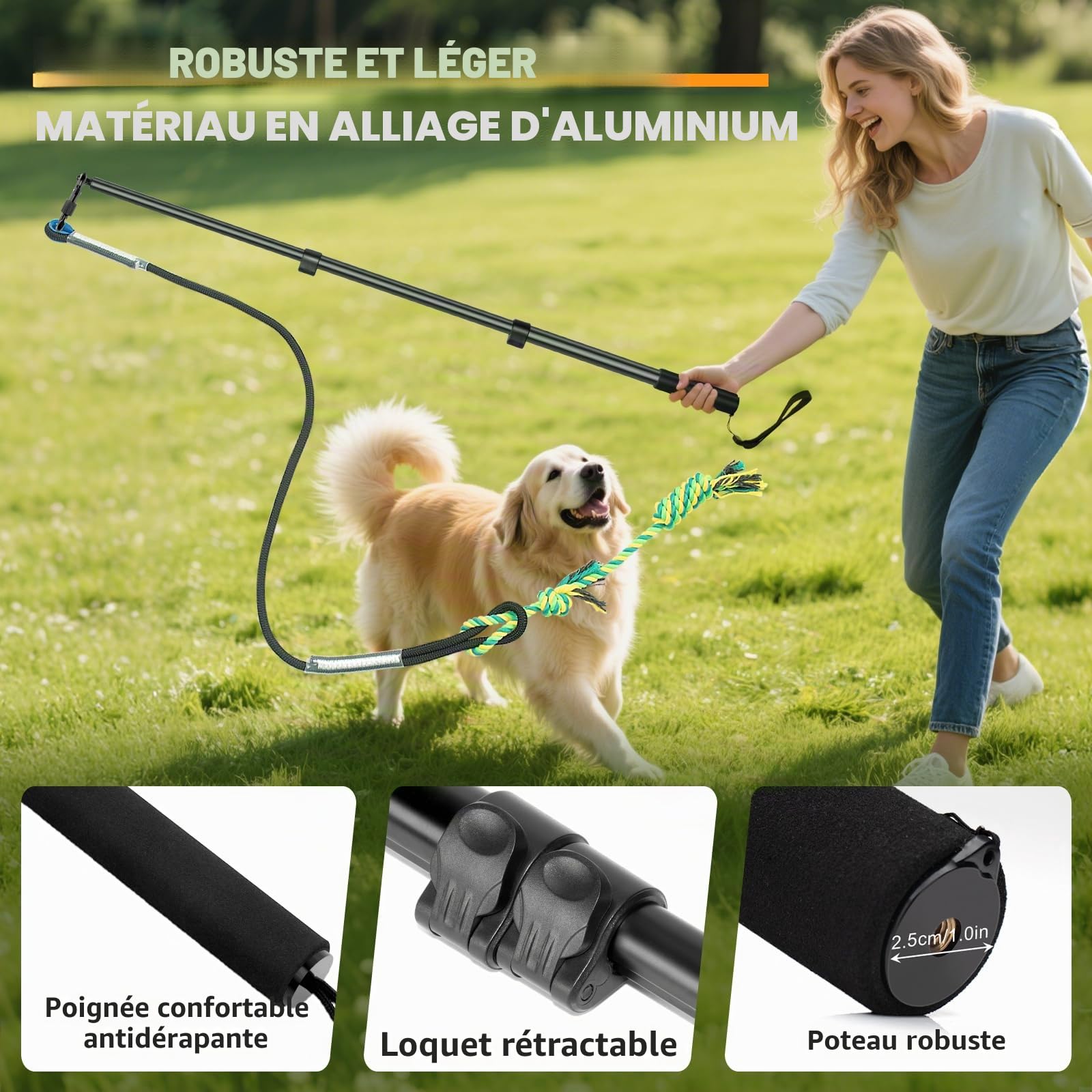 Ycozy Flirt Pole pour Chien, Teaser Extensible 103cm avec 3 Rechange Jouets de Corde Interactif pour Chien Tug Extérieur Exercice