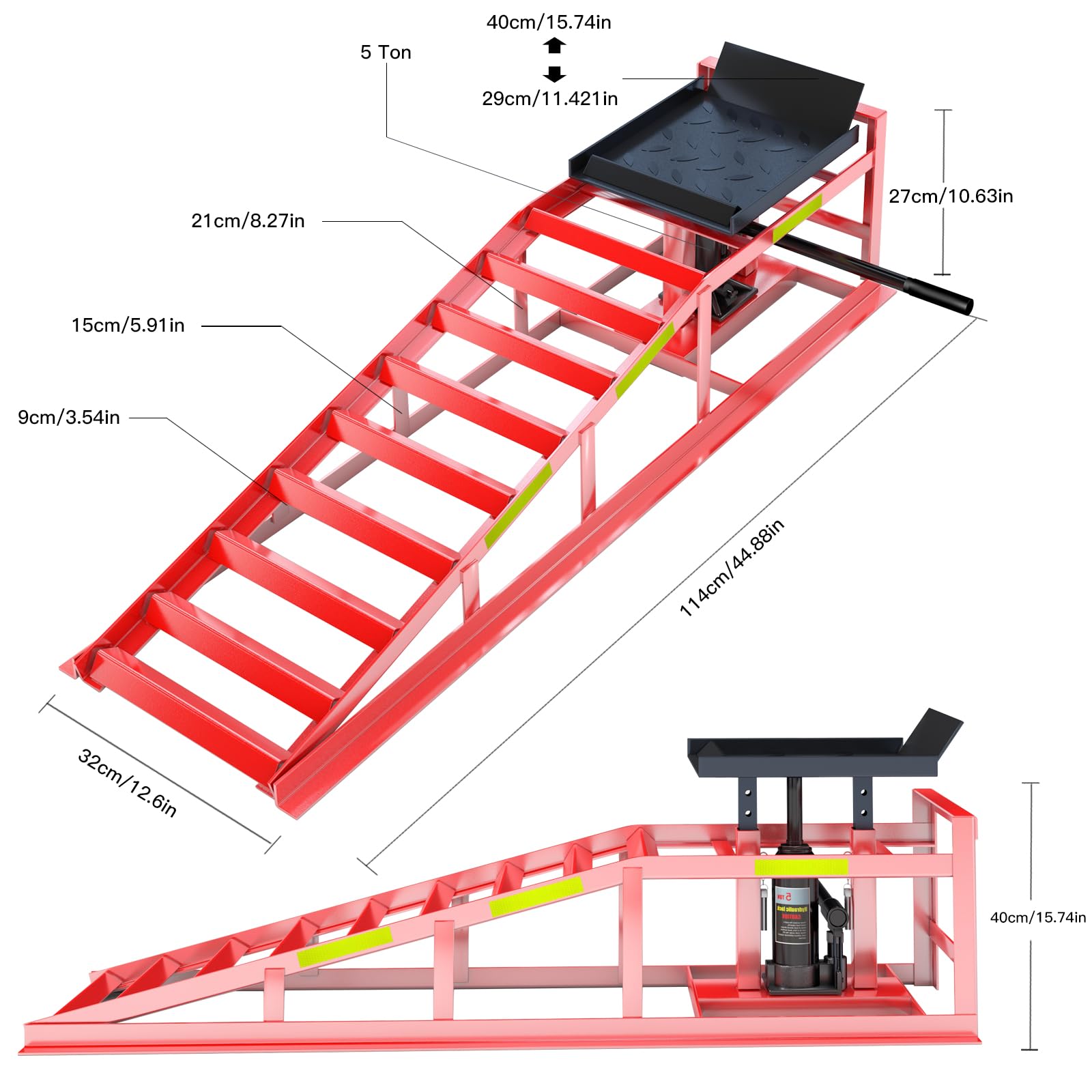 LARBANKE Hydraulische Autorampen, 5 Tonnen, 1 Paar Schwerlastheber, für Fahrzeugwartung, höhenverstellbar, für Autos, SUVs und Transporter, rote Stahlkonstruktion
