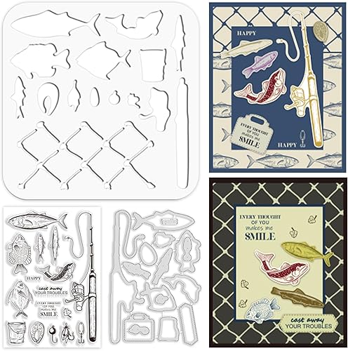 ORIGACH Juego de sellos de pesca y plantillas para hacer tarjetas, herramientas de pesca, sellos transparentes, troqueles de corte y plantilla de