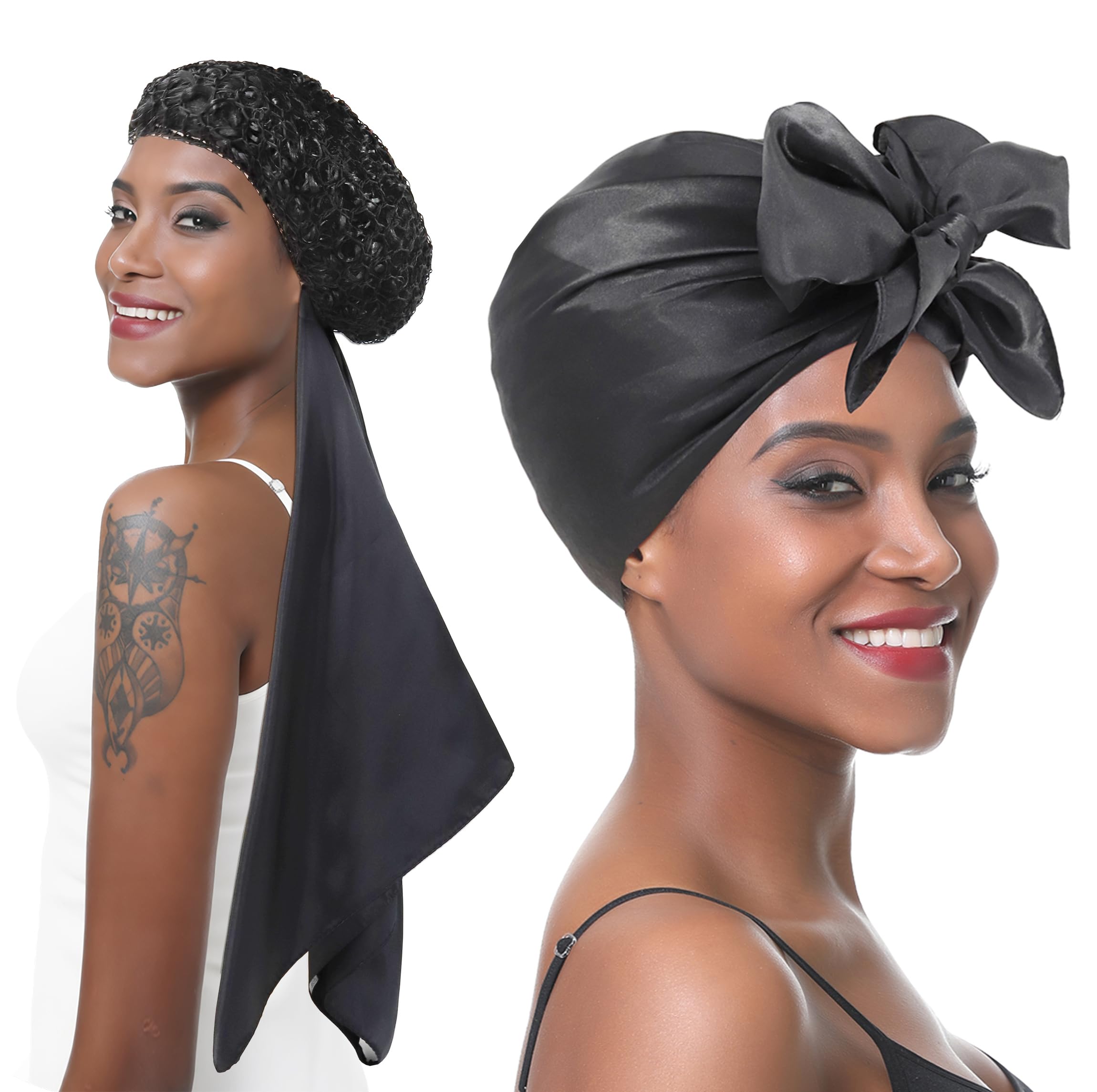 brcok 2 in 1 Wrap Cap Hair Net for Silk Press, Satin Scarf Hair Net Silk Press Wrap for Women Sleeping Curly Hair Care