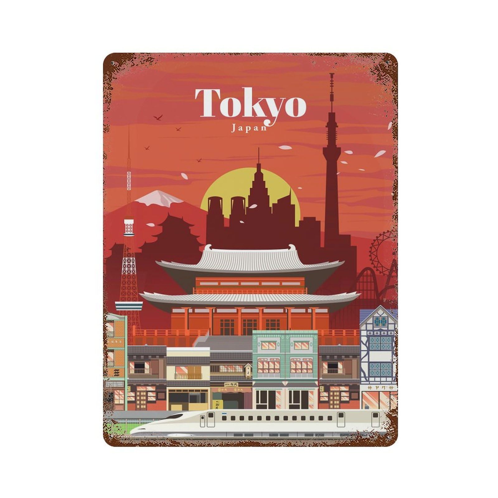 Garage Style Visit Tokyo Rustic Tin Plaque 15.7"x11.8", Vintage Wall Decor for Bar And Workshop