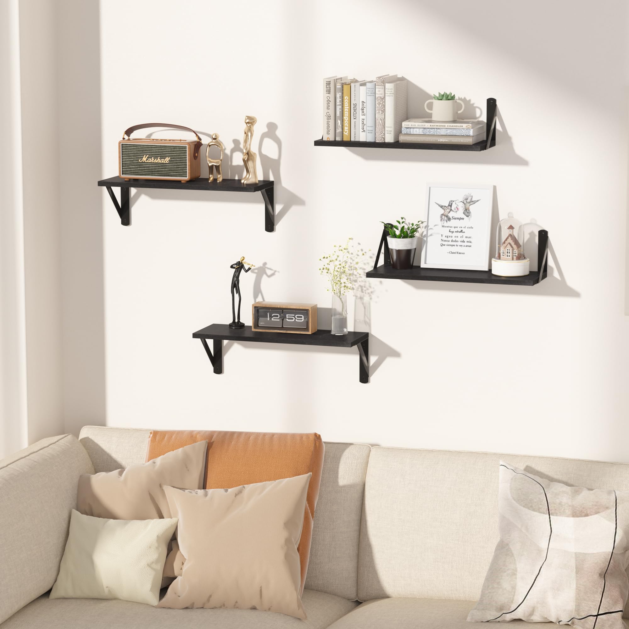 upsimples Floating Shelves for Wall Decor Storage, Black Bookshelf with Black Bracket Set of 5, Sturdy Wall Shelves Hanging for Bedroom, Bathroom, Living Room, Kitchen, Office, Corner