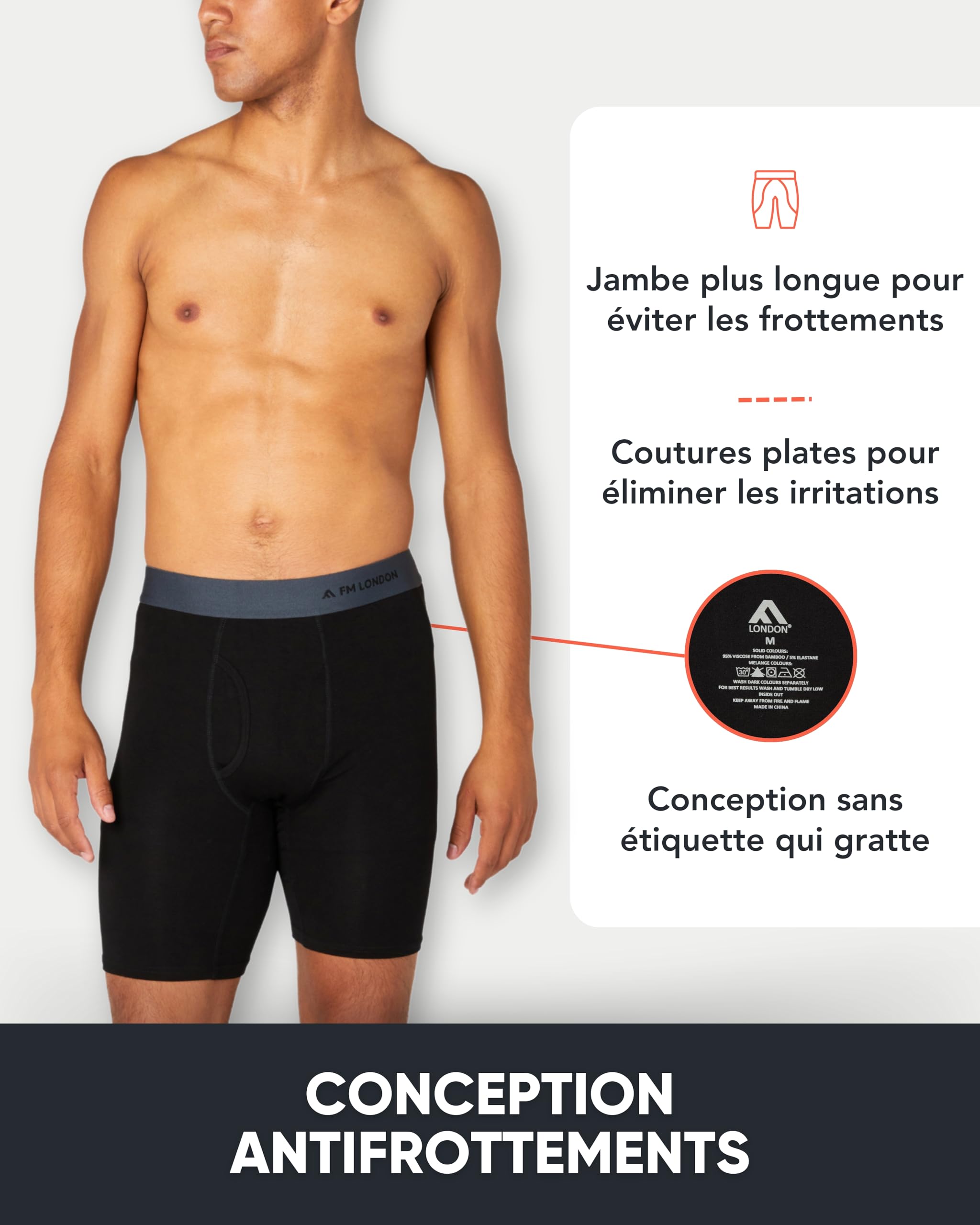 FM London Boxer en Bambou pour Homme, Boxer Long pour Homme en Bambou Ultra Doux, Antifrottements et Évacuant la Transpiration, avec Ouverture, Lot de 4