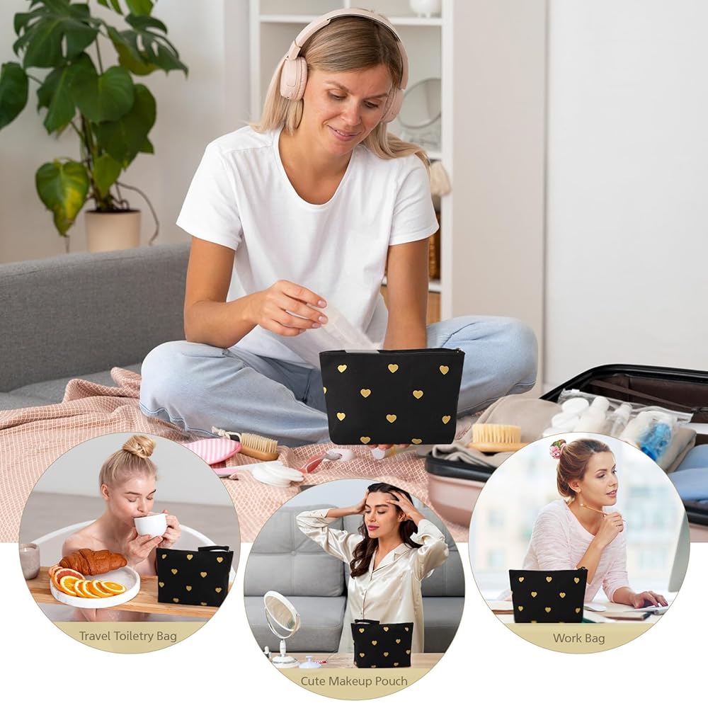 Pochette Trucchi Donna Con Stampa Cuori Oro - Beauty Case Da Viaggio, Regalo Per Lei, Nero - Foto 7