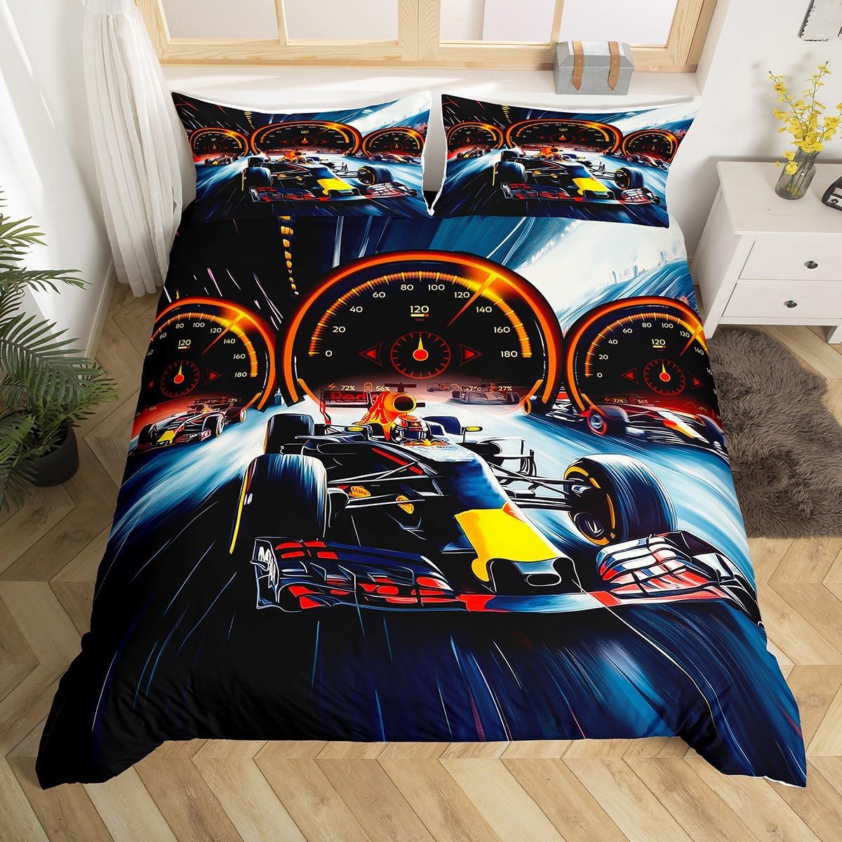 Formula Race Car Duvet Cover Set King Size Modern Extreme Sports Bedding Set 3pcs for Kids Teens Racing Dashboard Print Comforter Cover Cool Speed Car Quilt Cover,2 Pillowcases(Not Comforter)