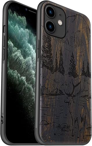 Carveit Funda de madera para iPhone 11 madera natural y TPU suave negro a prueba de golpes, elegante protector de teléfono de madera compatible con