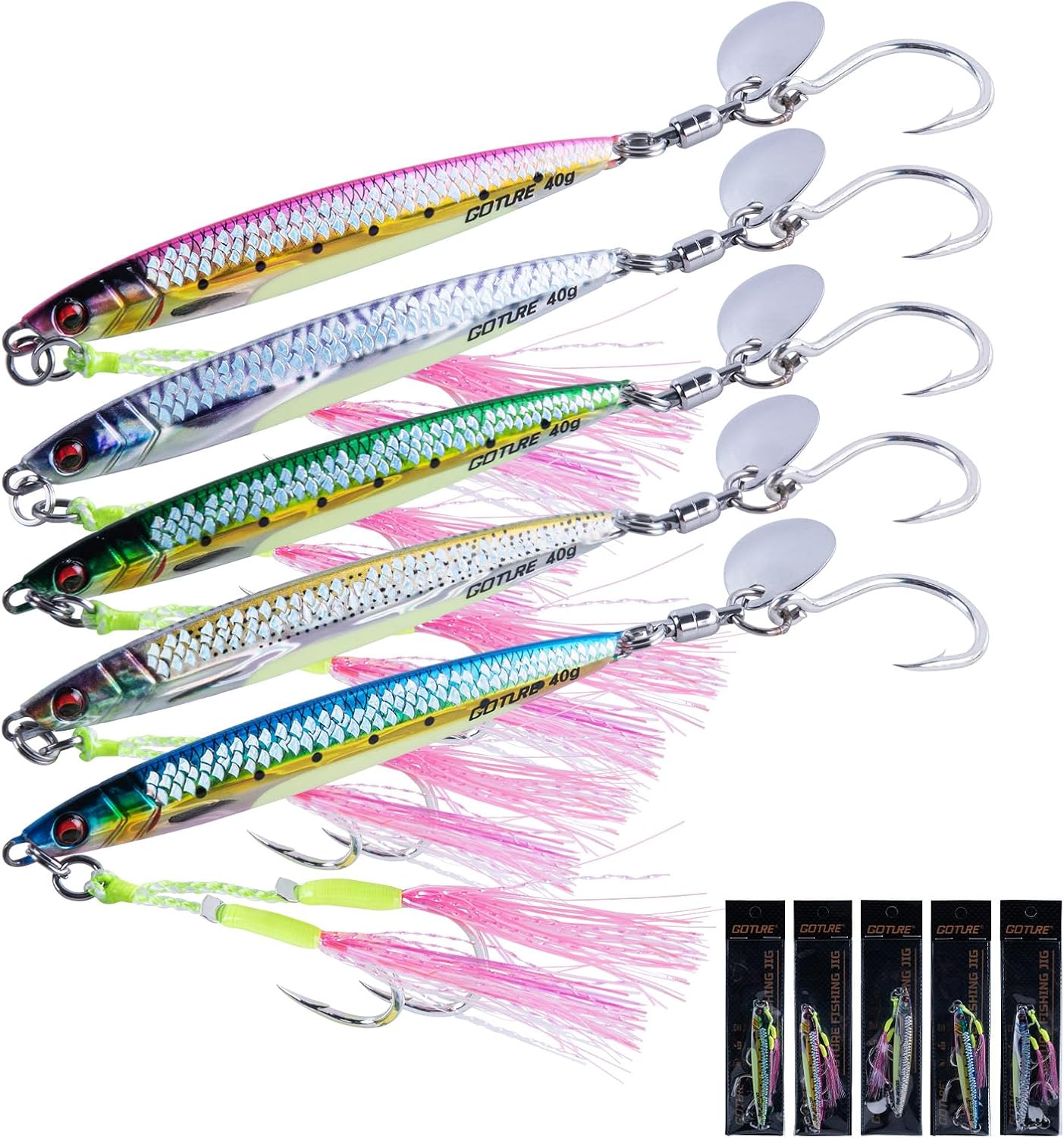 Goture Fishing Jigs, 40g 60g 80g Vertical Jig Saltwater Freshwater, Jig Fishing Lures with Assist Hook and Treble Hook, 5PCS Jigging Spoon Lures, Speed Fast Fall Jigs for Tuna,Salmon,Bass