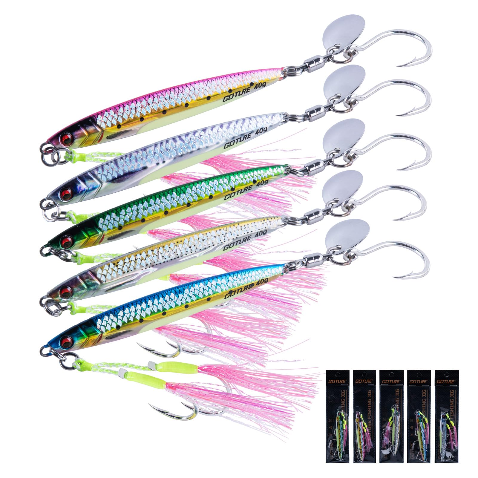 Goture Fishing Jigs, 40g Vertical Jig Slim-body, Jig Fishing Lures with Double Assist Hooks and Spinner Blade, 5Pcs Jigging Spoon Lures, Speed Fast Fall Jigs for Bass, Pollack, Cod