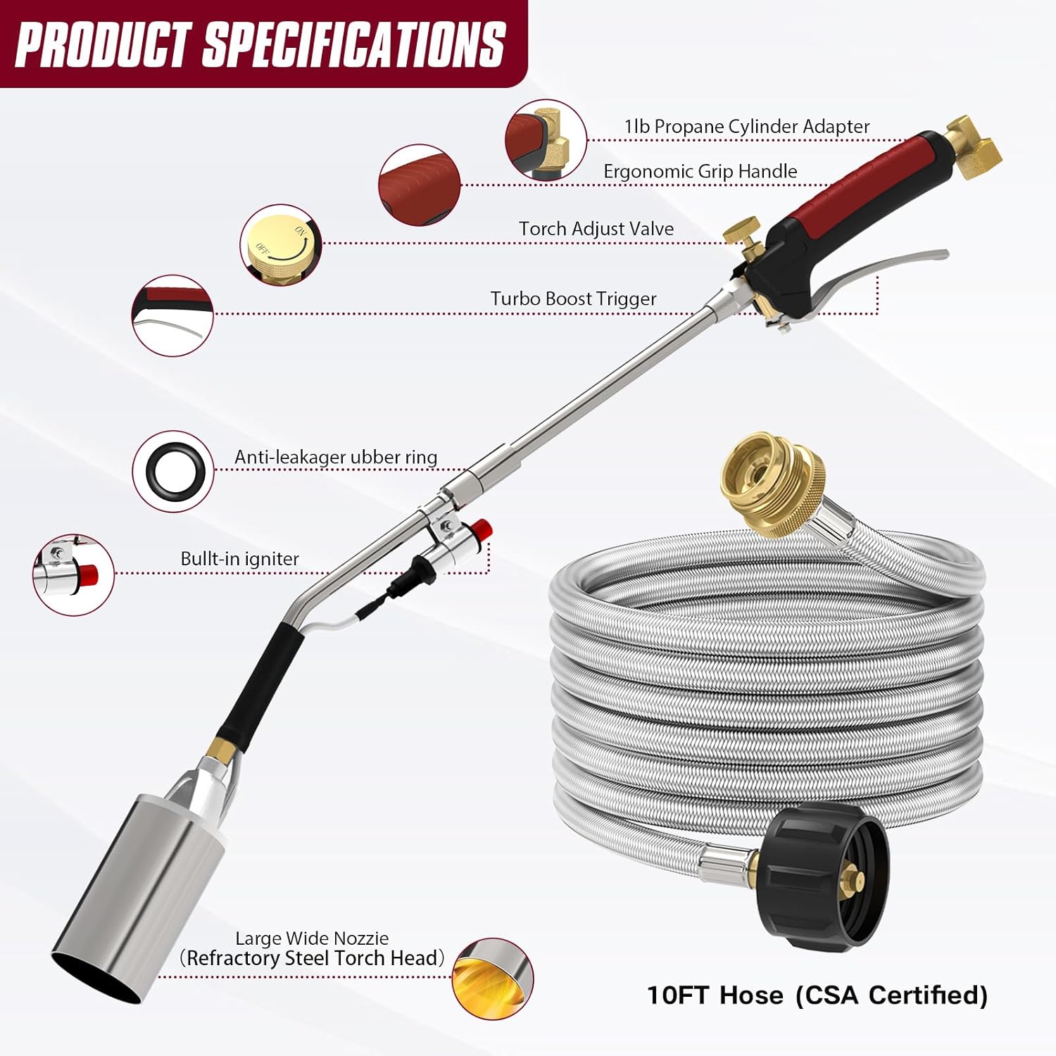Propane torch weeds burner kit, large propane torch high BTU, Blow Torch with 1lb Propane Converter 10FT Braided Hose, Heavy Duty Flamethrower with Turbo Trigger for Weeding,Roofing, Melting Ice/Snow