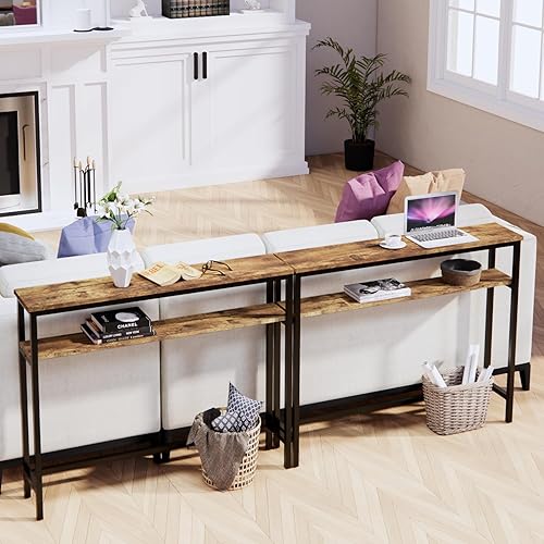 Miniatura 2 de Mesa consola estrecha, mesa de sofá de 39.4 pulgadas con estante ajustable, mesa larga delgada de 2 niveles para pasillo, entrada, sala de estar,