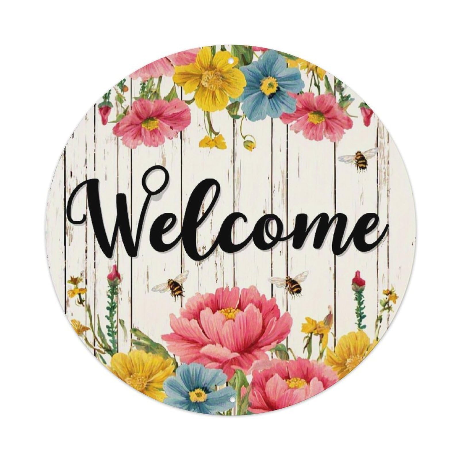 Floral Bees Welcome Pattern Retro Metal Sign Round Tin Sign, Vintage Decor Art Poster for Bar, Home, Man Cave, Kitchen, Laundry Room Gift 8x8Inch