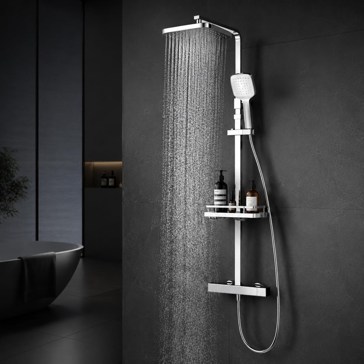 HOMELODY Sistema de ducha con termostato y estante de ducha cromado, juego completo con ducha de mano y alcachofa – Altura regulable, bloqueo de seguridad de 38 °C, montaje en pared para baño moderno