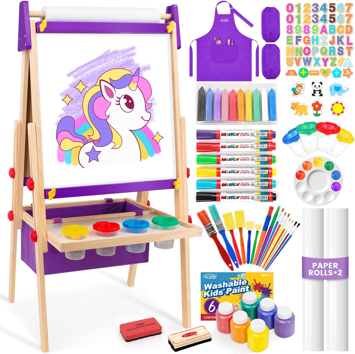Easel for Kids, Adjustable Standing Art Easel with Magnetic Chalkboard & Whiteboard, Dry-Erase Board, Paper Roll, Drawing & Painting Easel for Kids Ages 3 4-8 9-12, Purple w/Bag