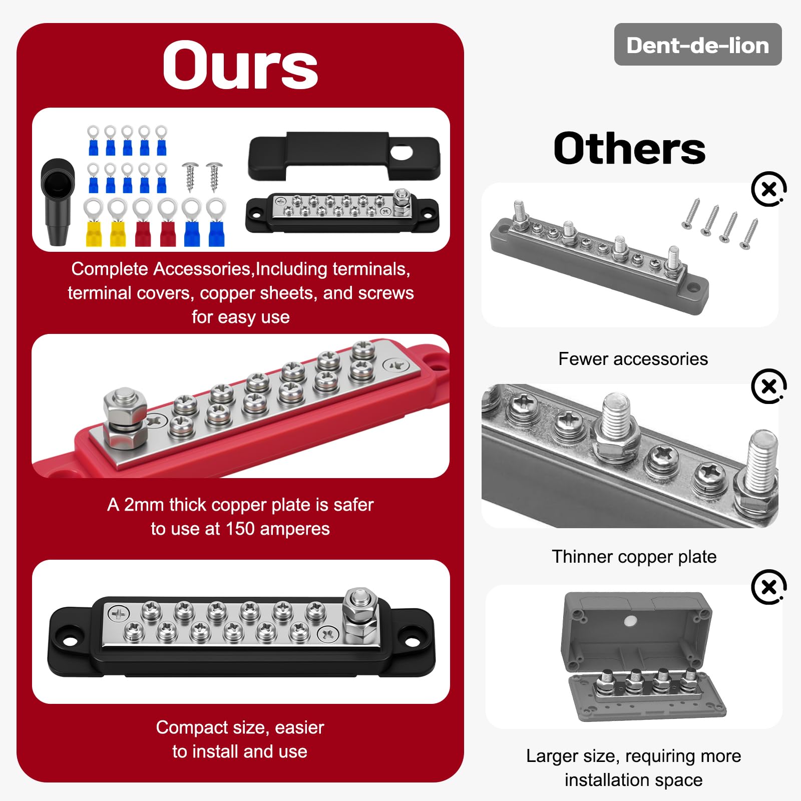 Stromverteilungsblock 150A 12V 1/4" Marine-Bus-Automobilstangen-Batterie Bus-Terminalblock mit Abdeckung für Solarververbindung von Schiff und Auto (schwarz + rot)