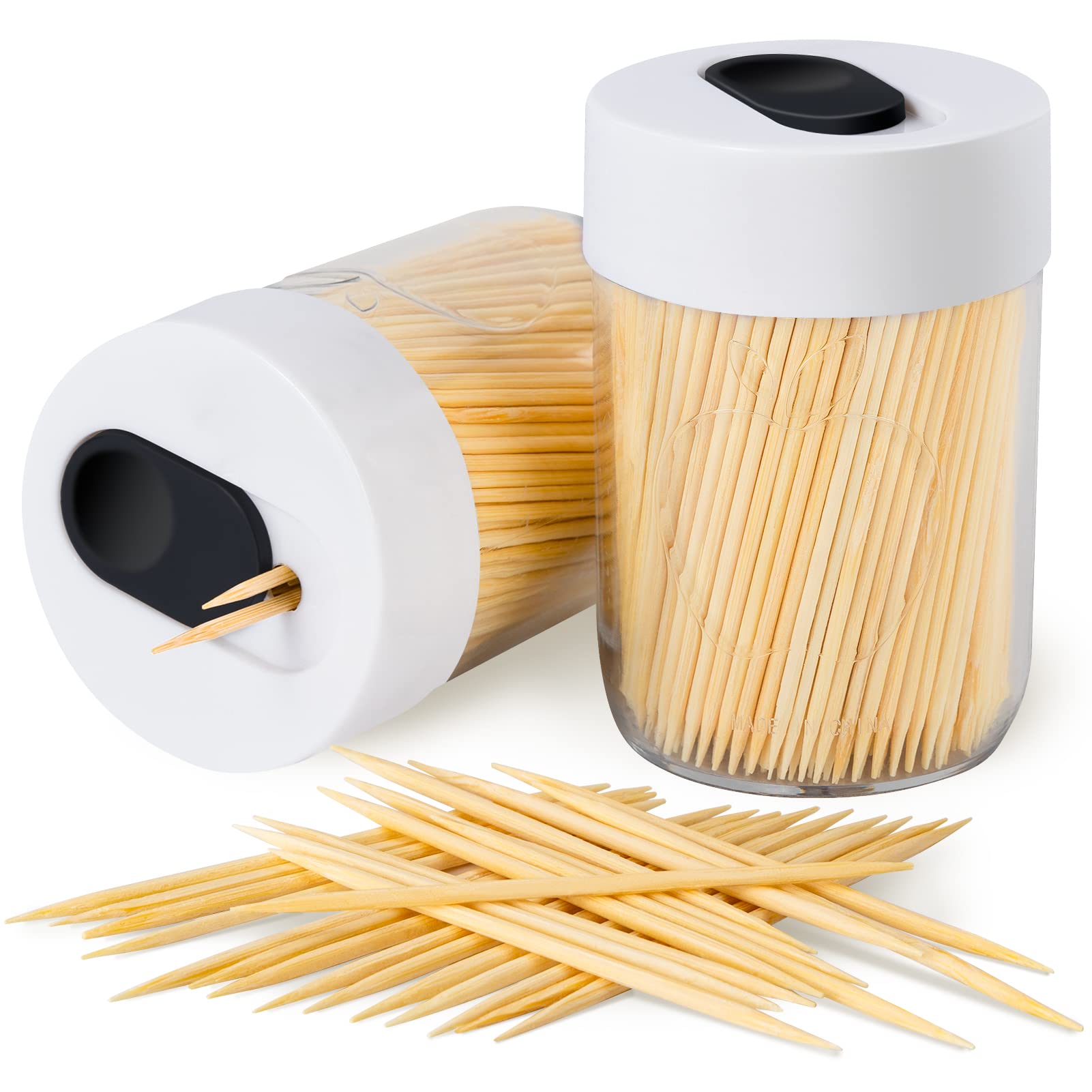 Sturdy Toothpick Holder with 800 Natural Toothpicks Wooden 2Pack White
