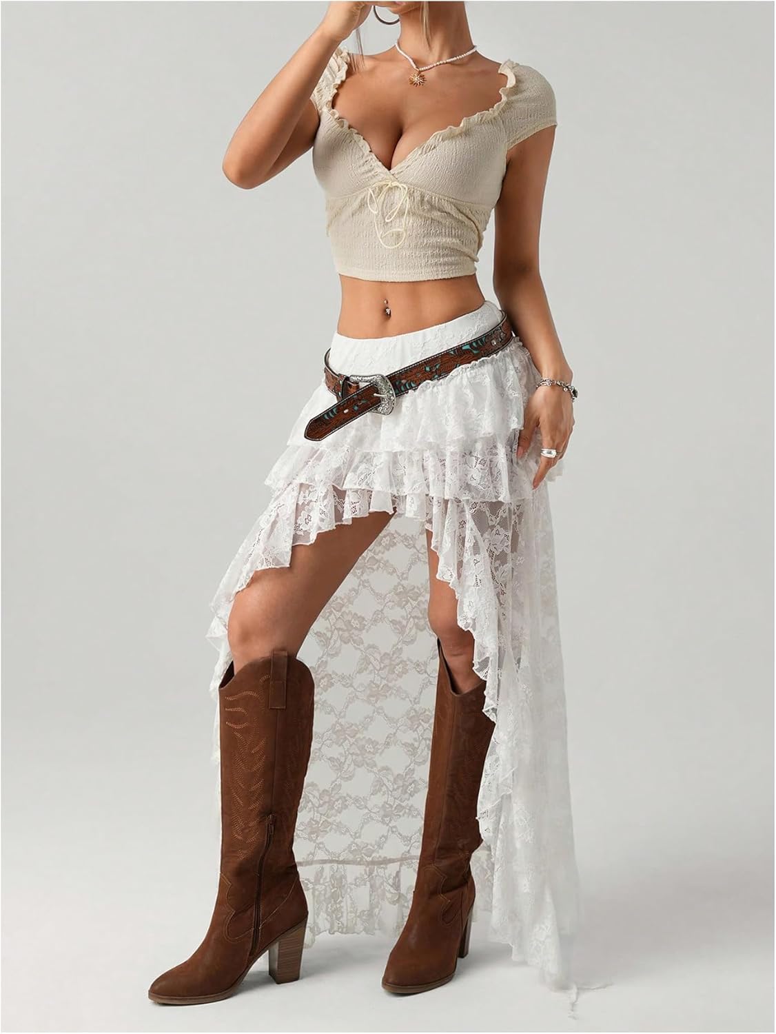 SHENHE Women's Western Y2k Lace Maxi Skirt Tiered Ruffle High Low Renaissance Boho Fairy Skirt