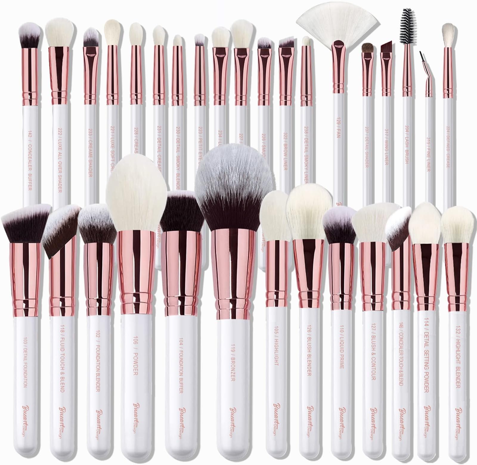 Pro makeup Artist Brushes Set 32Pcs Luxury Goat Hair Horse hair Makeup Brush Set eye and face brushes for every possibility By Bueart Design (Pearl White)