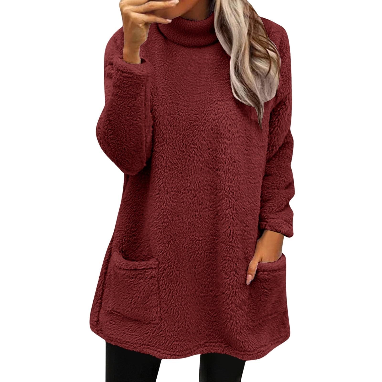 Sherpa Pullover Womens Cozy Tunic Sweaters with Pockets Fuzzy Fleece Long Sleeve Mock Turtleneck Tops Loungewear