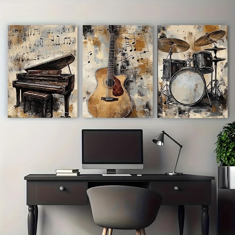 ZHUOYA Set di quadri da parete con strumenti musicali d'epoca, stampati su tela - Decorazione rustica con chitarra, pianoforte e batteria (80x120cmx3/senza cornice)