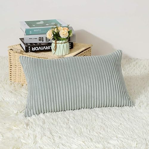 Artscope Fundas de almohada de pana a rayas acogedoras súper suaves decorativas oblongas, fundas de cojín para sofá, dormitorio, decoración de