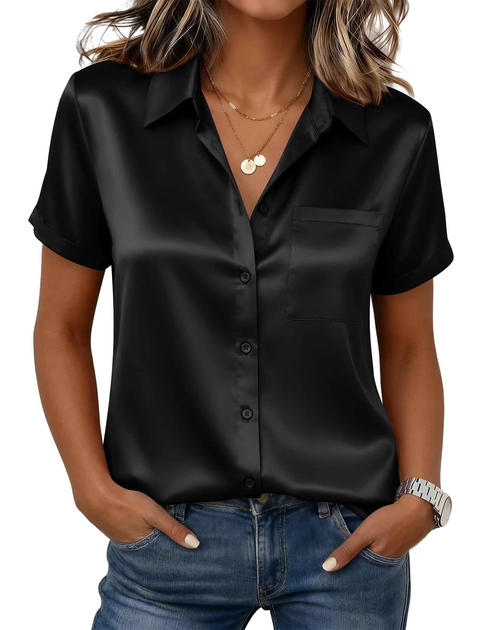 Zeagoo Satin Blouses for Women Silk Button Down Short Sleeve Shirts | Business casual Tops, soft silky office work clothes