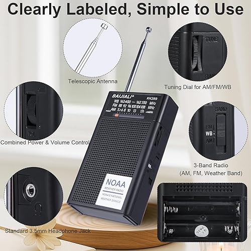 Miniatura 4 de BAIJIALI Radio meteorológica NOAA con AMFM, radio portátil de emergencia, recepción fuerte, funciona con pilas, conector de auriculares para
