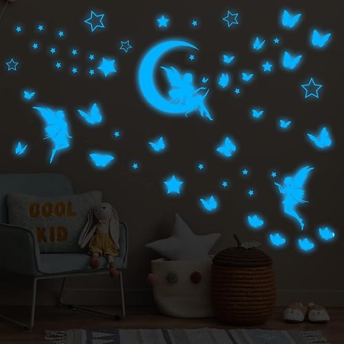 Miniatura 5 de Calcomanía de pared de hadas de fantasía que brilla en la oscuridad, decoración luminosa de mariposa lunar para dormitorio de niñas, decoración de