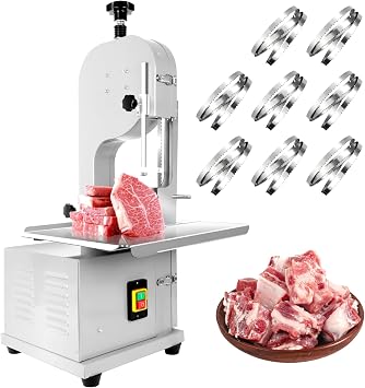 1500W Electric Bone Saw Machine with 8 Saw Blades, 0.01-7.9 Inch Cutting Thickness, Frozen Meat Cutter 110V Commercial Bandsaw Machine, 20x15in Table Sawing for Frozen Meat, Chicken Fish